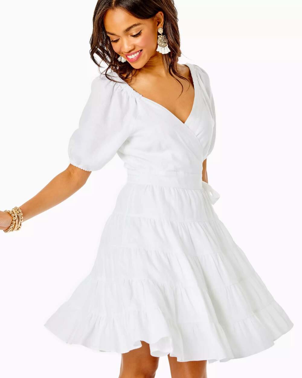 New Lilly Pulitzer Iralee Linen Wrap Dress White Waist Tie Puff Sleeve Sz 10